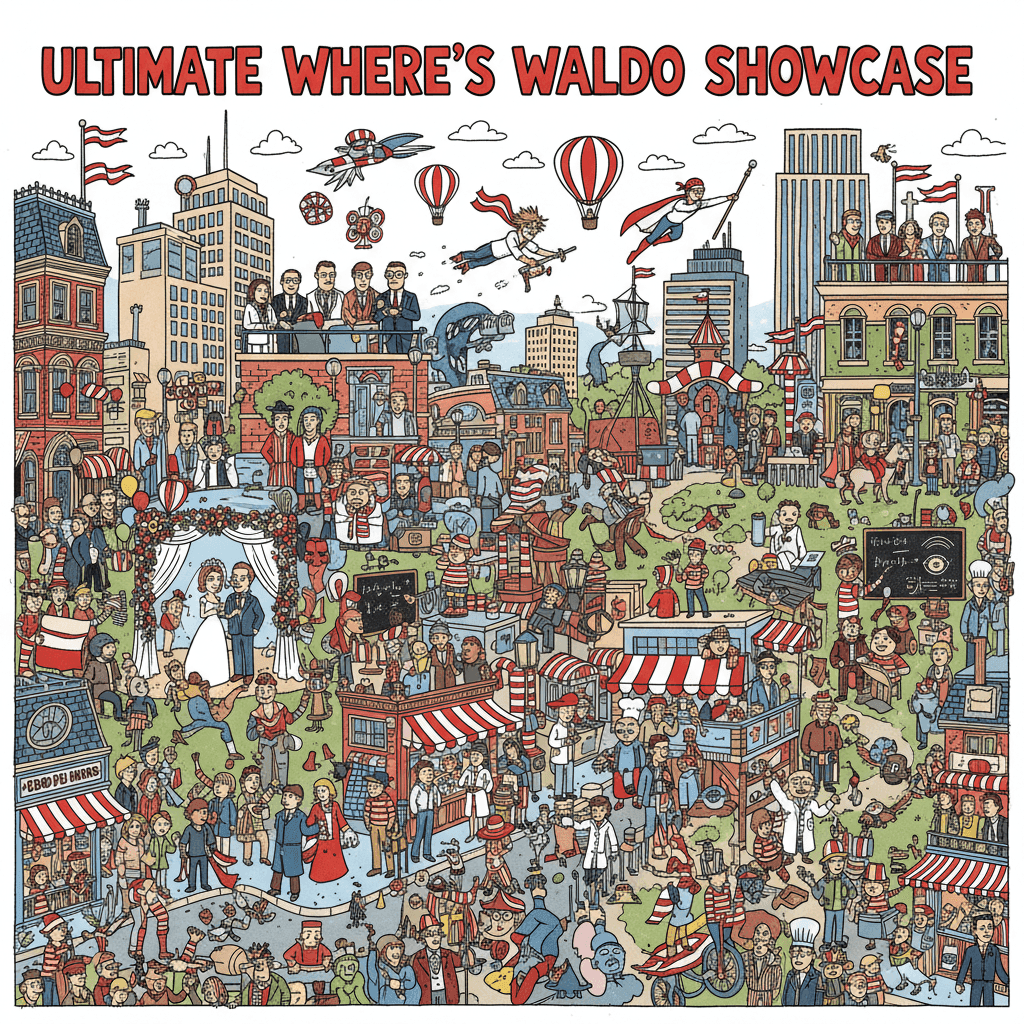 Where's Waldo style puzzle poster with 50+ characters