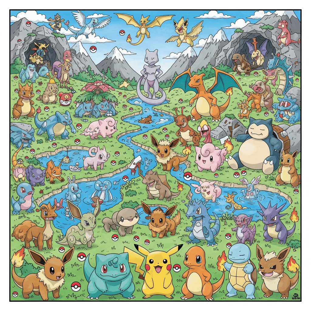 Pokemon Generation 1 Where's Waldo style poster with 151 characters