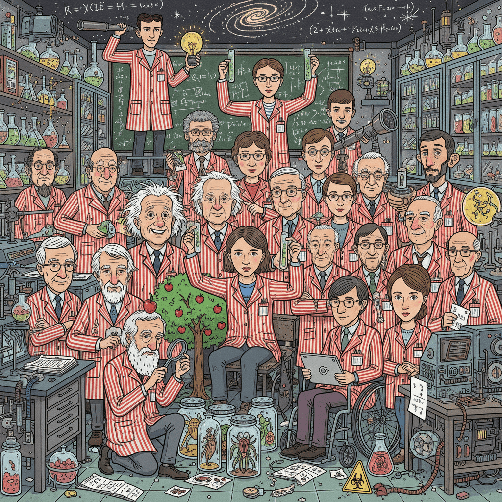 Famous scientists through history in Where's Waldo puzzle format