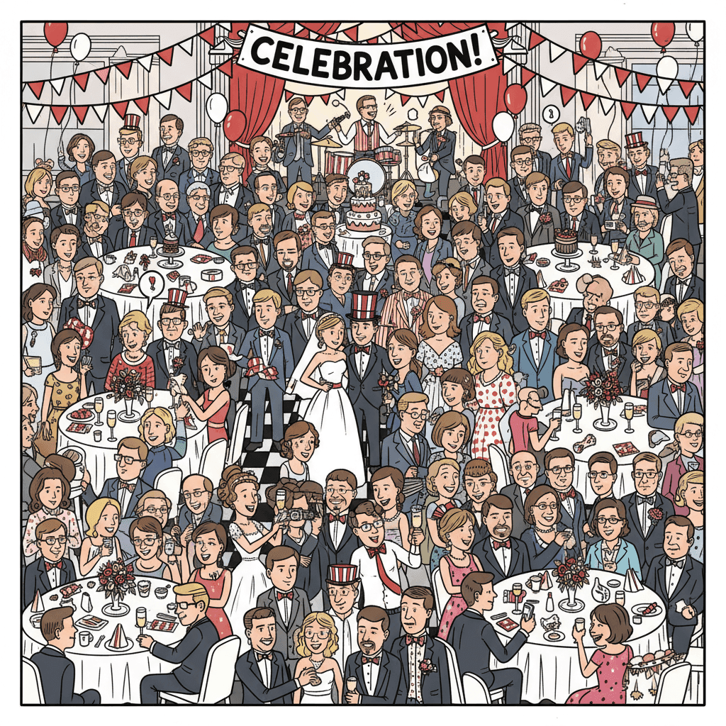 Where's Waldo style wedding poster with 40+ guests - Find the bride and groom puzzle