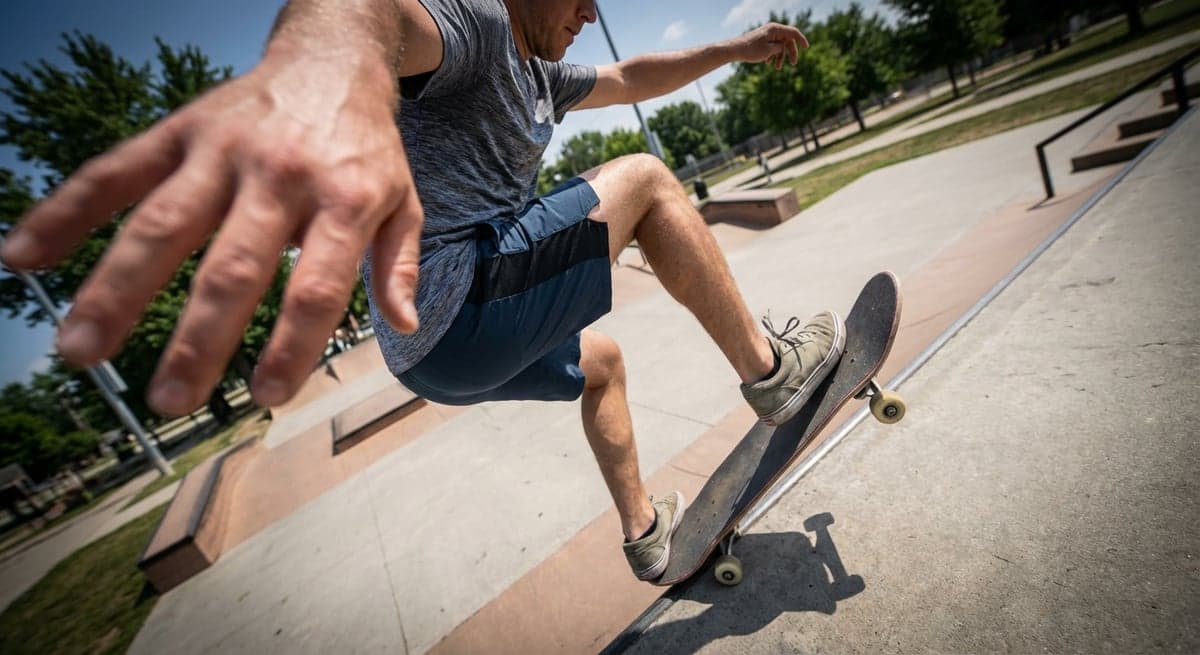 Extreme perspective portrait of action sports athlete showing wide angle portrait effect from side angle