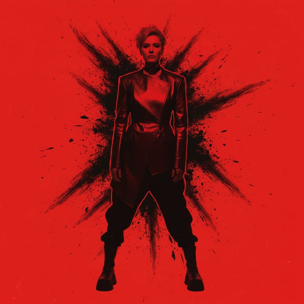 Electronic artist portrait transformed into energetic album cover with red paint splatter