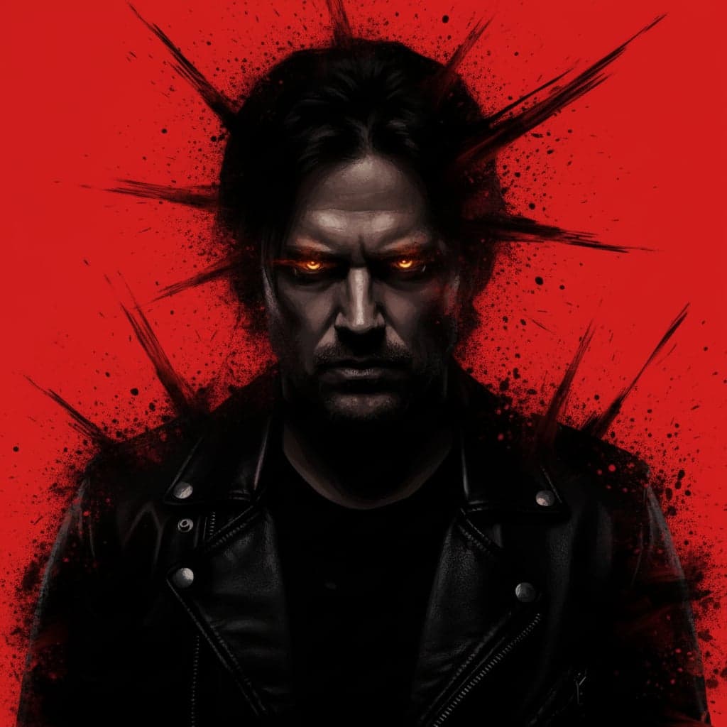 Rock musician portrait transformed into dramatic album cover with red and black paint splatter