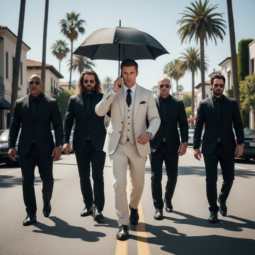 Hollywood power walk scene with celebrity bodyguards - AI generated