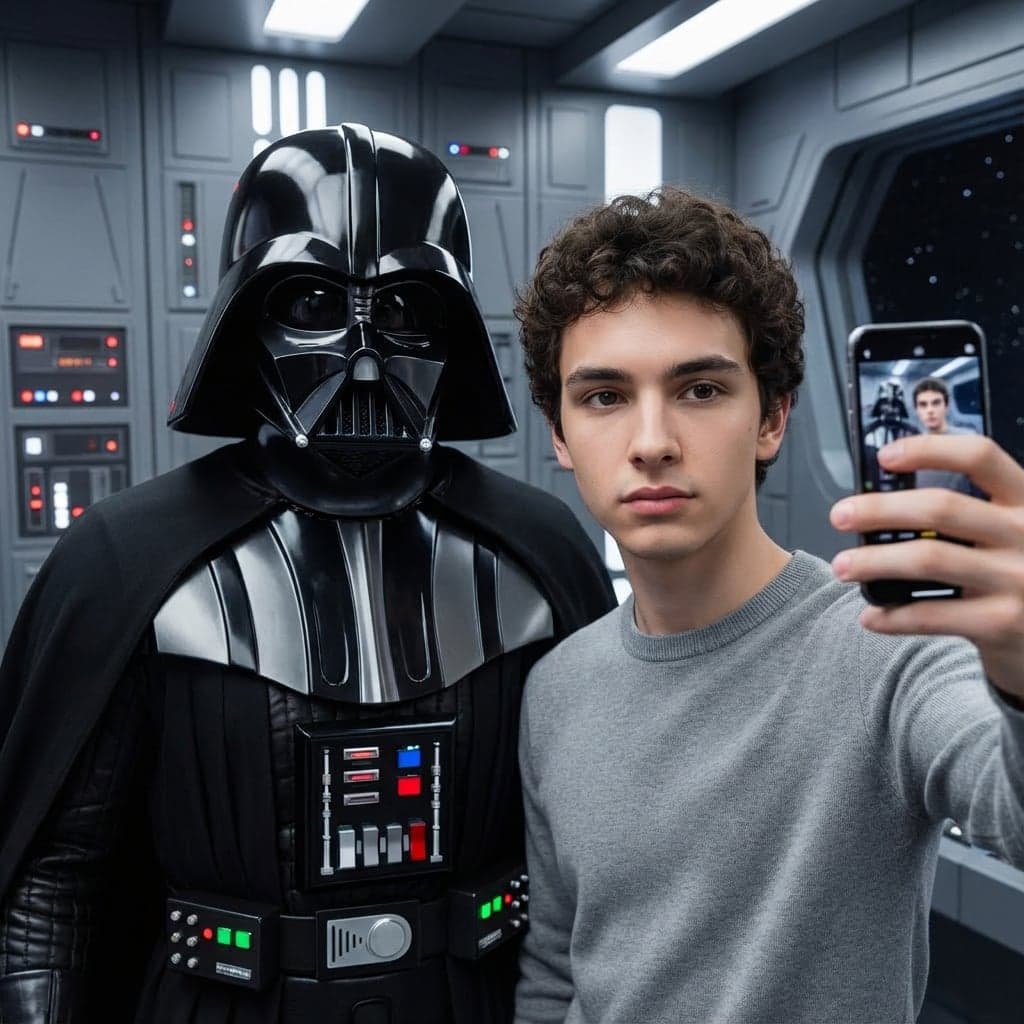 AI-generated celebrity selfie with Darth Vader: character consistency example