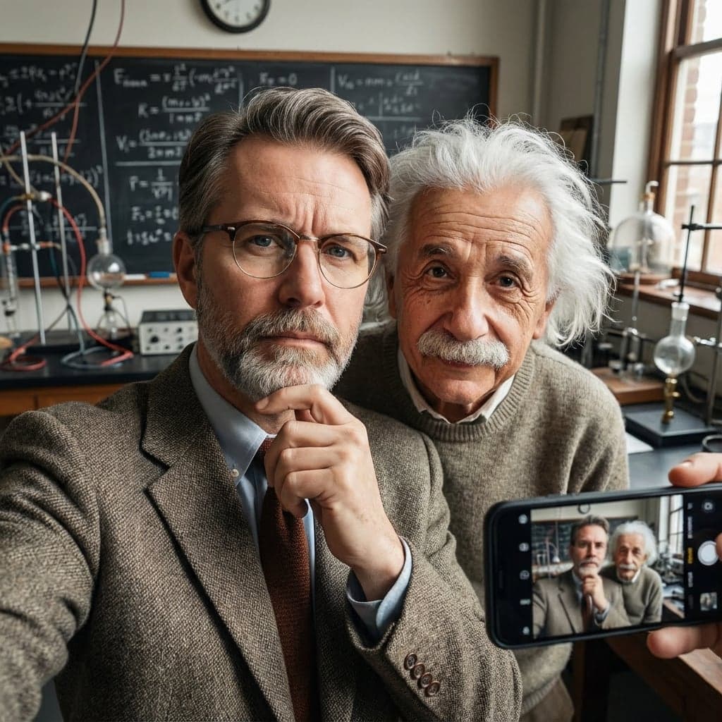 AI-generated celebrity selfie with Einstein: character consistency example