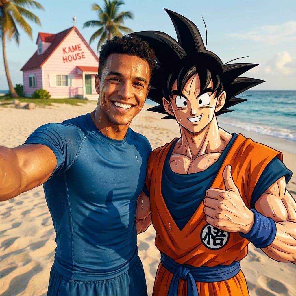 AI-generated celebrity selfie with Goku: character consistency example