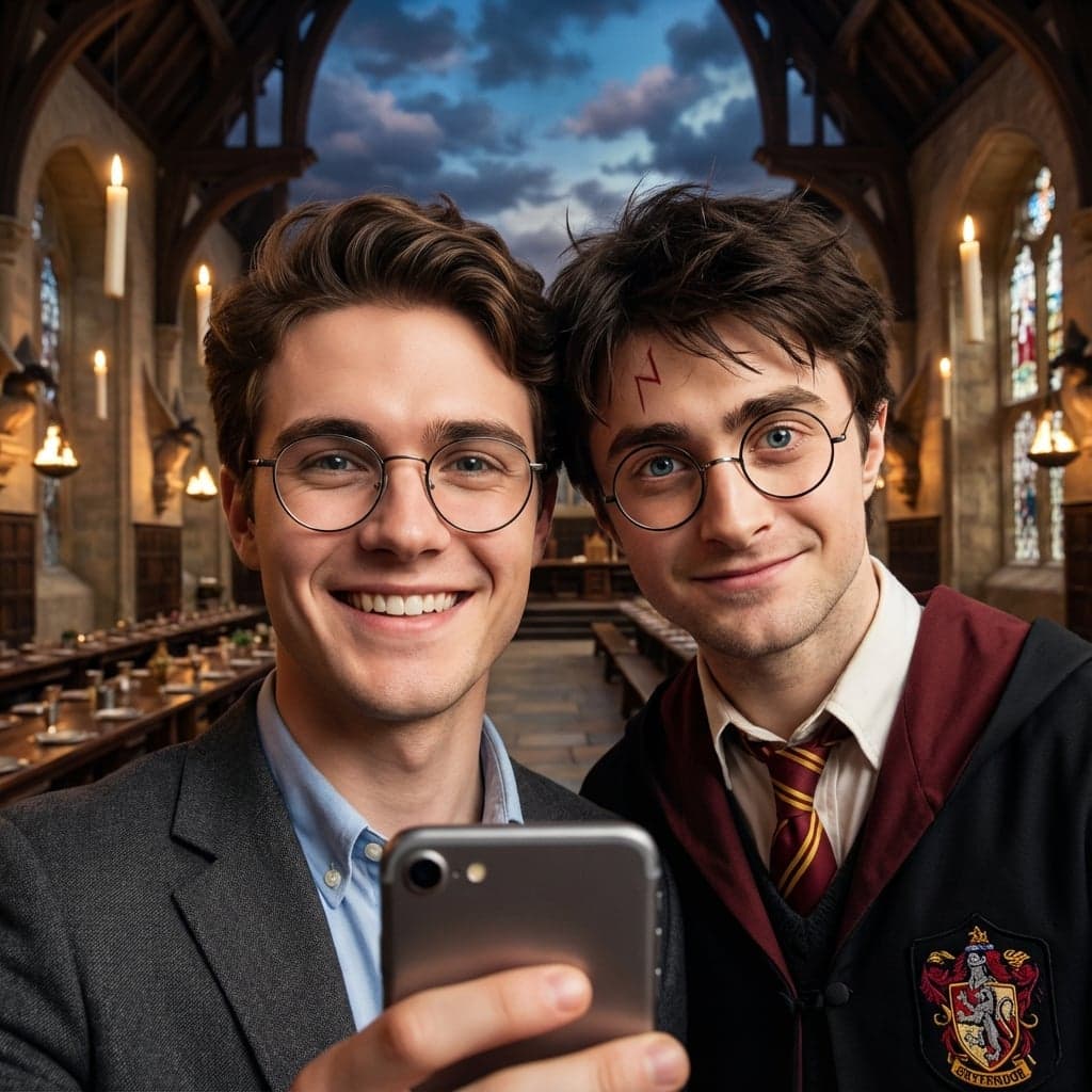 AI-generated celebrity selfie with Harry Potter: character consistency example