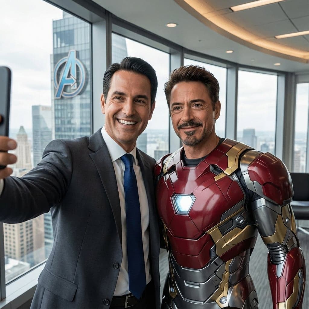 AI-generated celebrity selfie with Iron Man: character consistency example