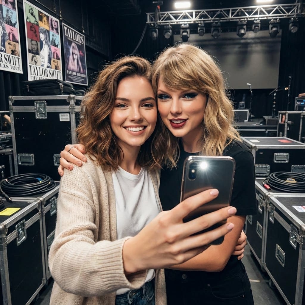 Celebrity selfie generator result: AI photo with Taylor Swift character consistency