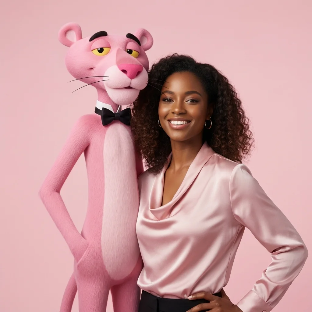 Pink Panther cartoon character photo - Standing beside the cool cat