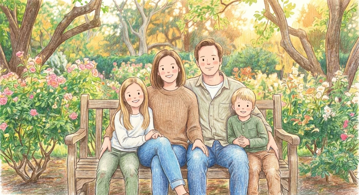 Family photo as a cozy illustrated keepsake - colored pencil illustration result