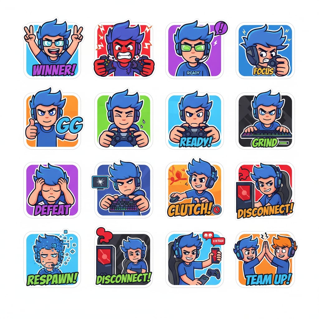 AI sticker pack generator example showing gamer mascot with gaming reactions