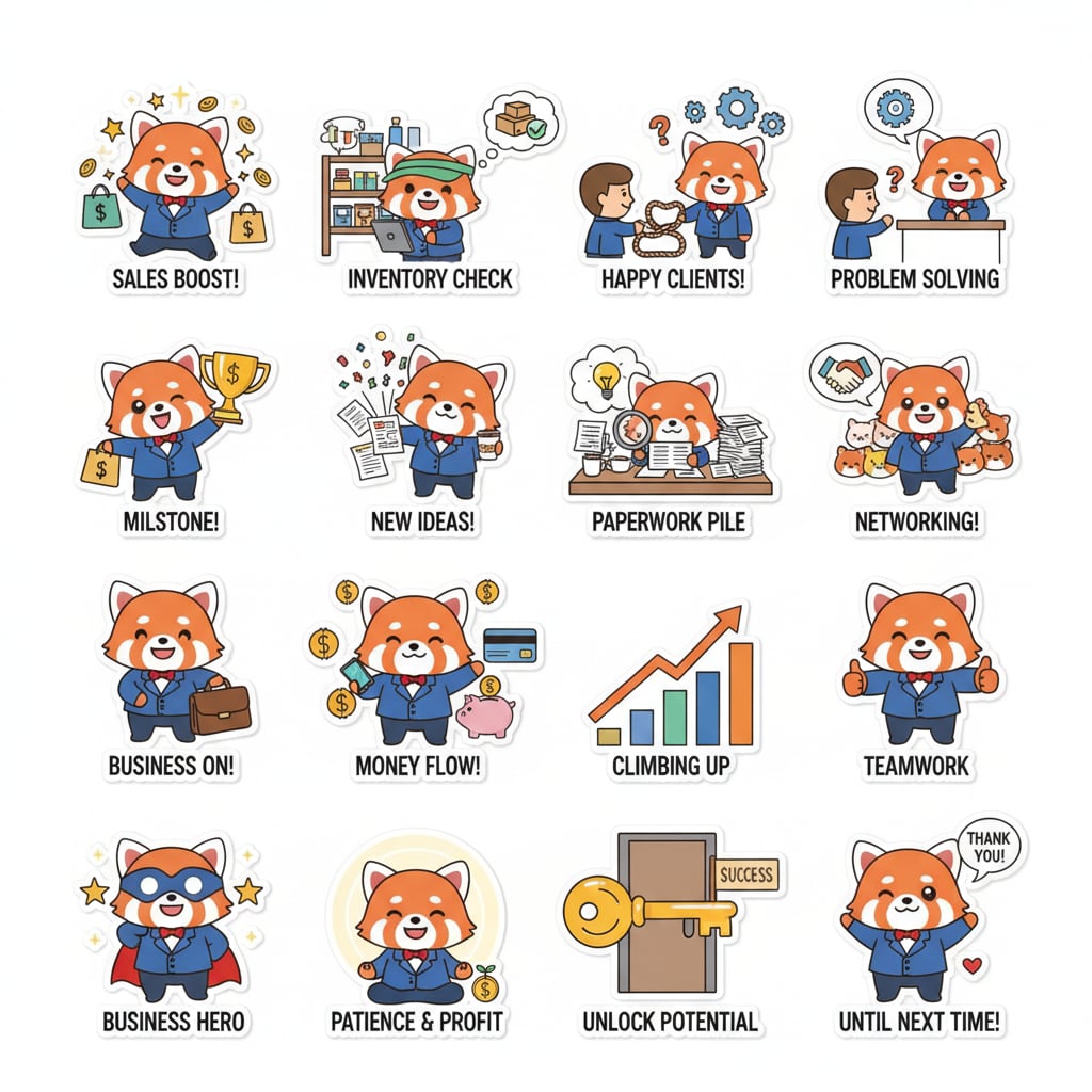 AI-generated kawaii business character sticker pack for entrepreneurs