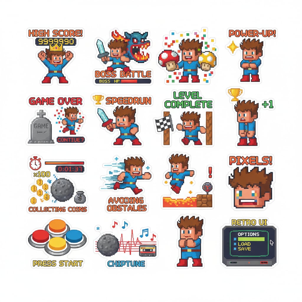 AI sticker pack generator example with retro gaming pixel-style character