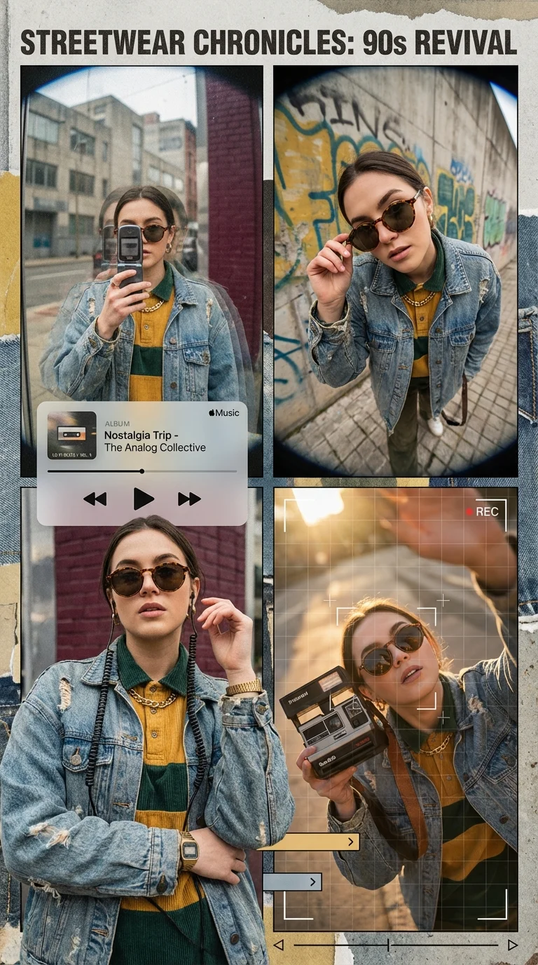 AI streetwear collage generator example with 90s vintage aesthetic and film grain
