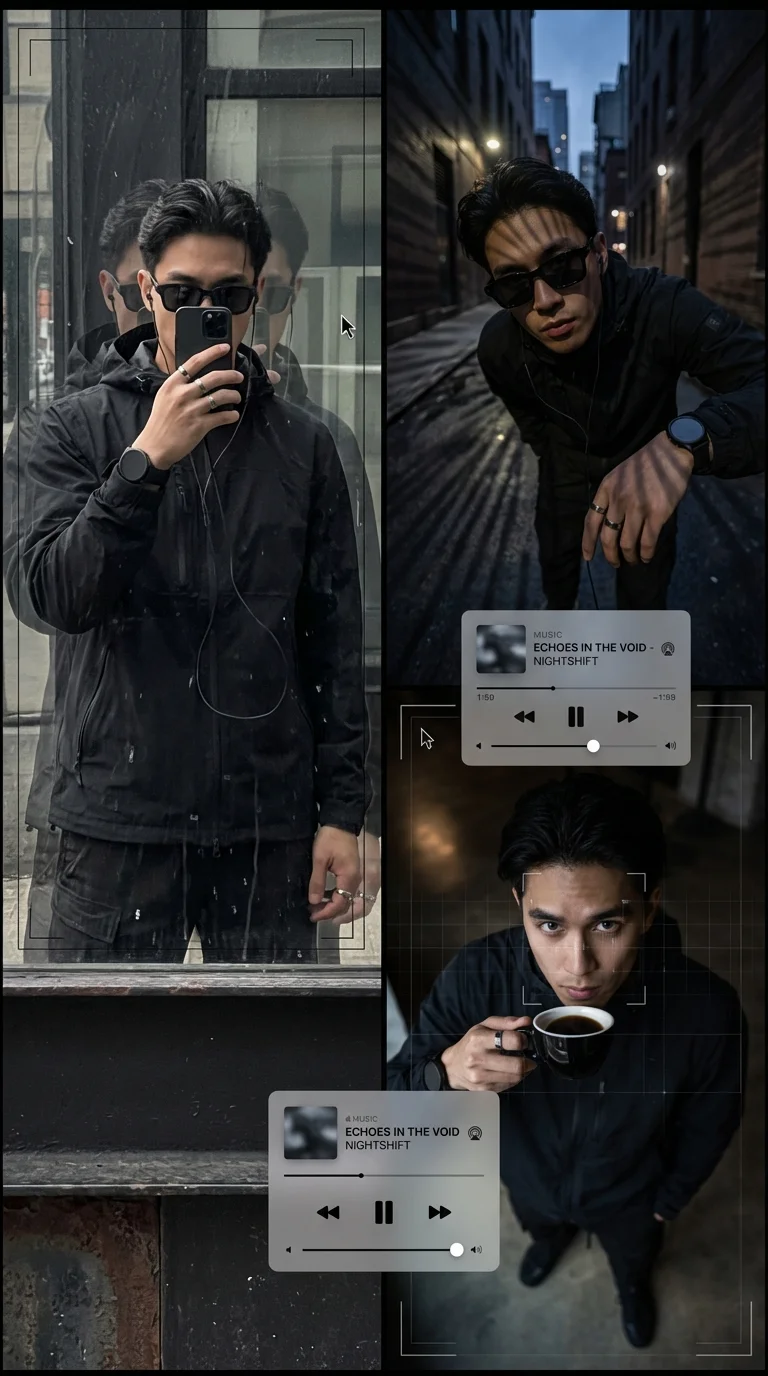 Dark streetwear collage showing moody urban aesthetic with black tones