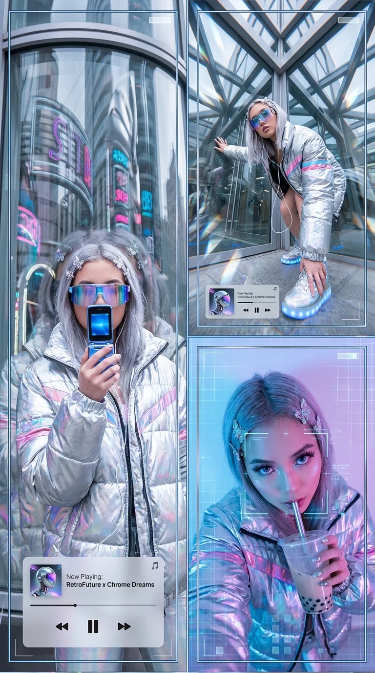 Y2K streetwear collage with early 2000s fashion elements and metallic accents